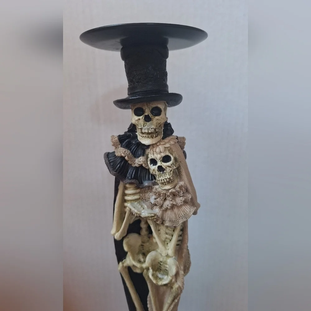 Halloween Skeleton Wedding Couple Candle Holder Spooky 12.5